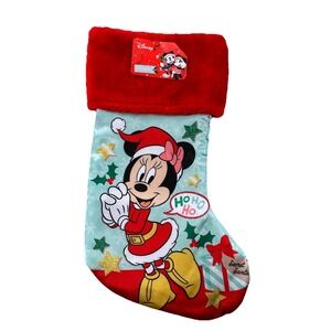 Disney Minnie Mouse Christmas Stocking Red Faux Fur Cuff Blue 15 Inch NWT